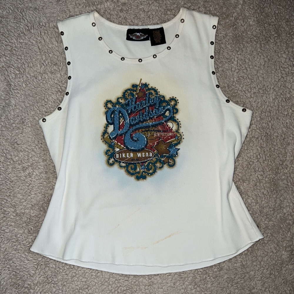 Harley-Davidson White Tank Top with Blue & Gold Graphic